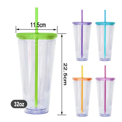 Двострука зидна пластична шоља са сламом 32оз